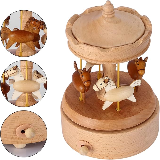 Caixa de Música Carrossel Clássica em madeira de faia, com design elegante e melodias suaves. Ideal para decoração de quarto infantil e presente para mães e bebês