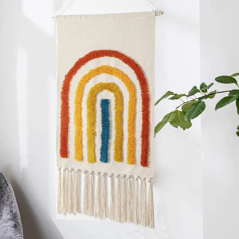 Flâmula boho arco-íris com borlas, decoração artesanal para quarto infantil, 50x70cm