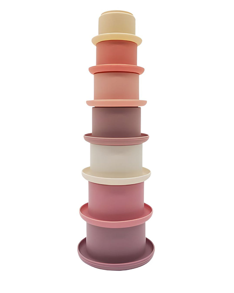 Torre de Silicone Montessoriana: brinquedo educativo composto por 7 peças coloridas, ideal para desenvolver habilidades cognitivas e motoras, feito de silicone hipoalergênico e livre de BPA. Perfeito para decoração de quartos infantis